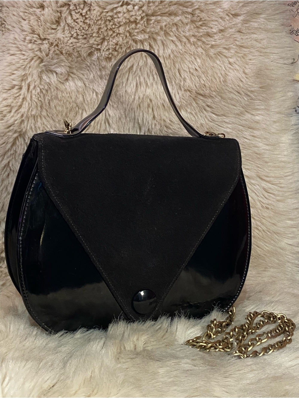 Black Patent & Suede Shoulder Bag with Gold Chain Strap